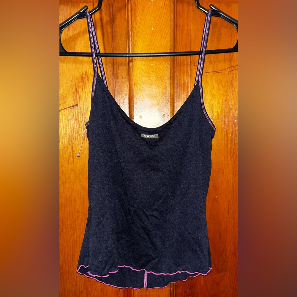 NWT Guess Tank Size Medium | Black with Beaded Fringe & Pink Stitching - Picture 2 of 3